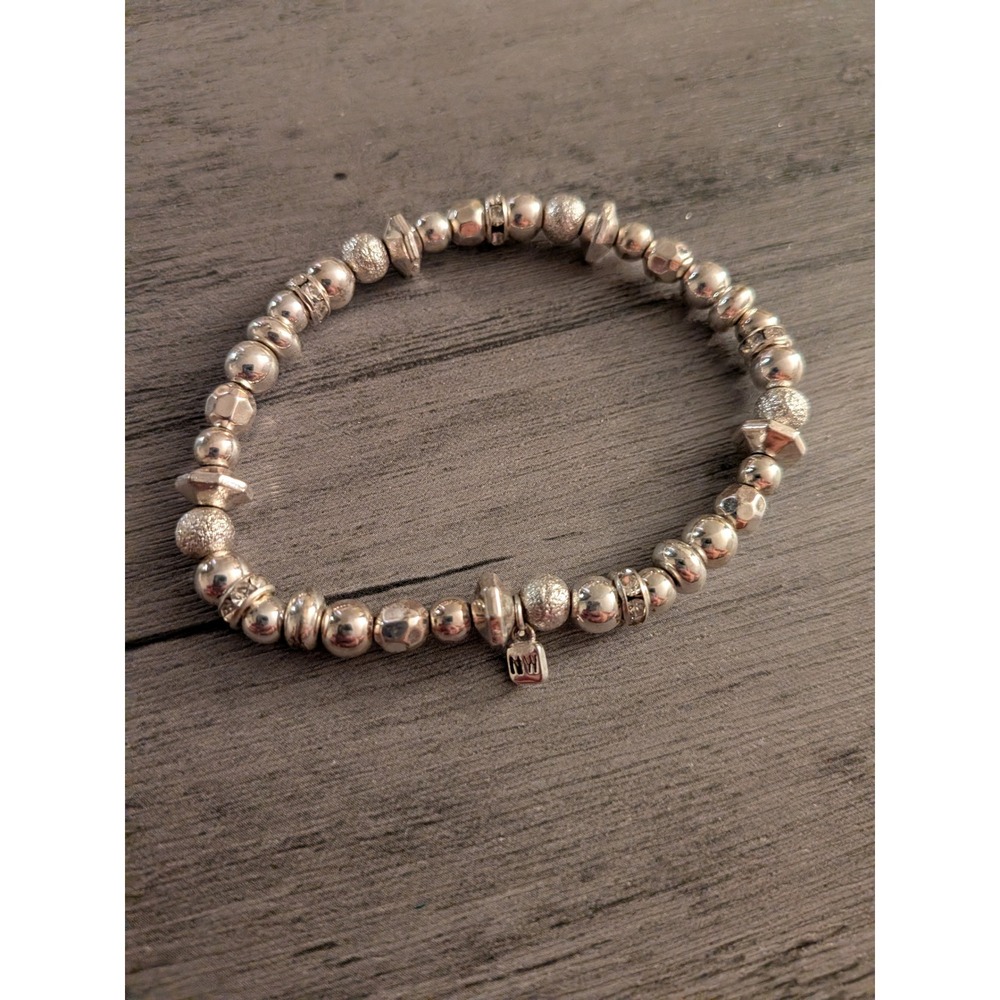 Nine West Silver Tone Mixed Bead Stretch Bracelet with NW Logo Charm